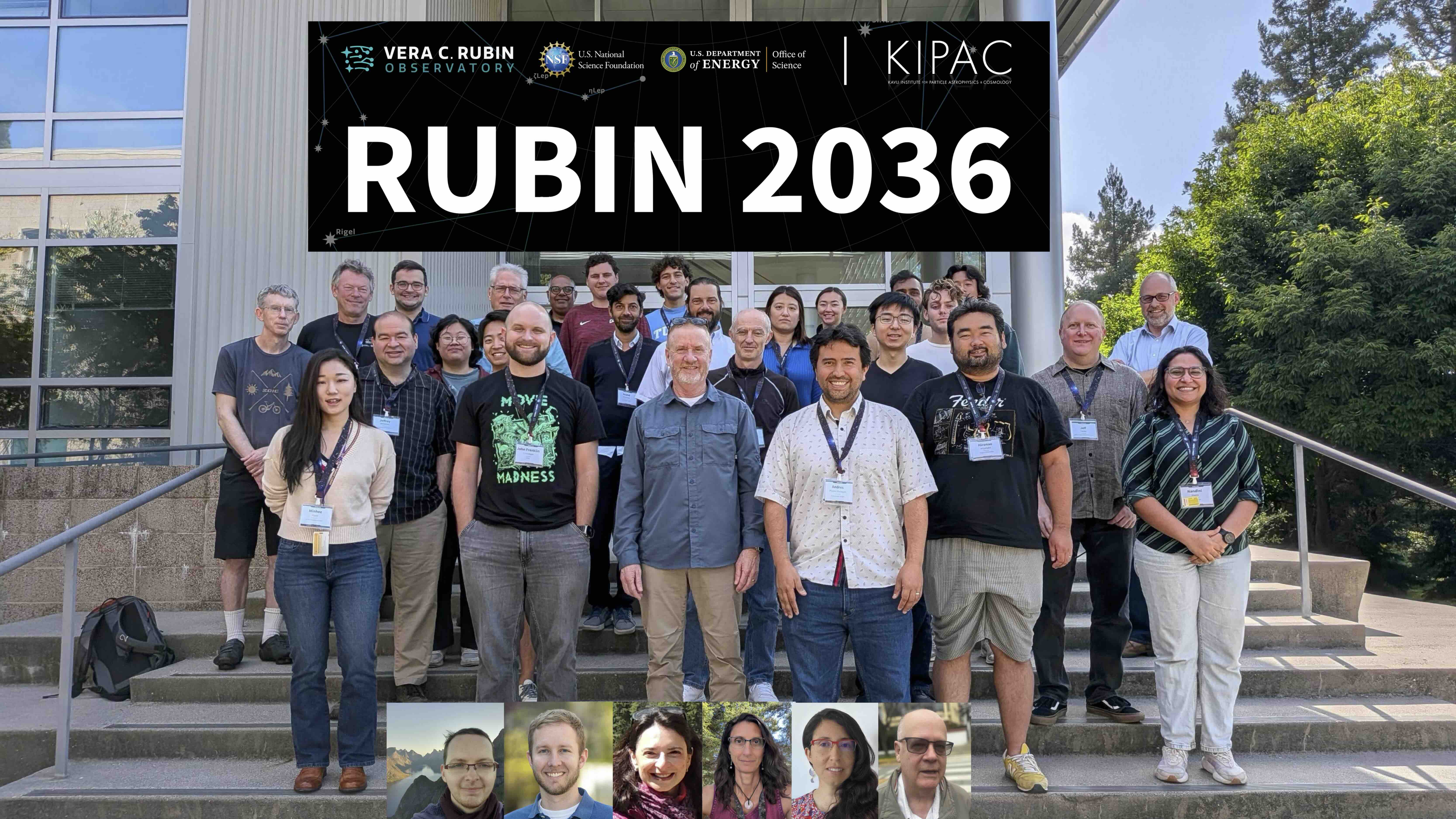 Rubin 2036 workshop participants gathered for a group photo, with several remote participant headshots along the bottom.